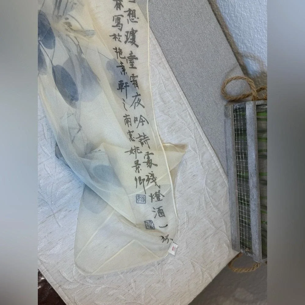 Vintage Chinese Ink Wash Floral Scarf 19x64 | Silk Feel Plum Blossom Calligraphy - Picture 7 of 10